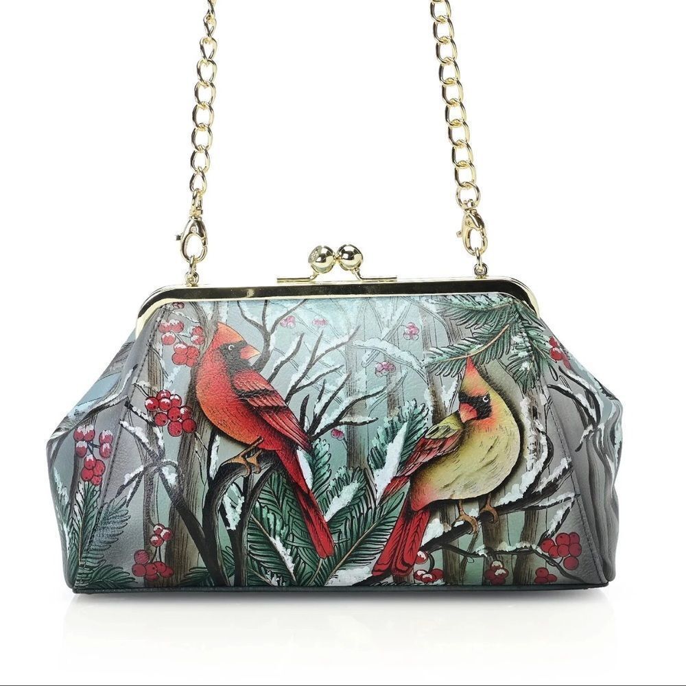 NWTs Anuschka Hand-Painted Leather Frame Shoulder Bag Lovely Cardinals